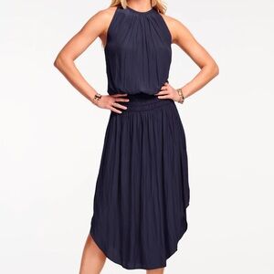 Rammy Brook $425 Audrey Smocked Midi Dress Navy High-neck Sleeveless